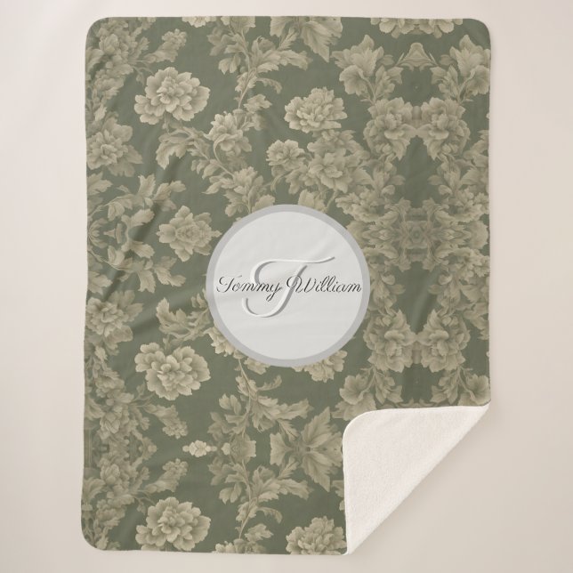 Manta Sherpa Sage Green Flora Elegante Sherpa Blanket (Anverso)