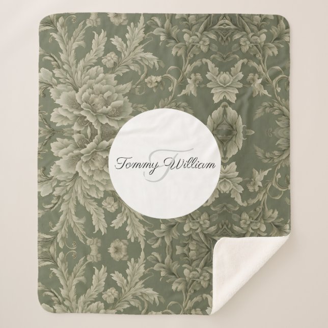 Manta Sherpa Sage Green Flora Elegante Sherpa Blanket (Anverso)