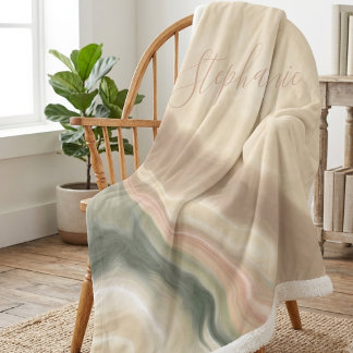 Manta Sherpa Sage Verde y Beige Nombre Abstracto Acuarela