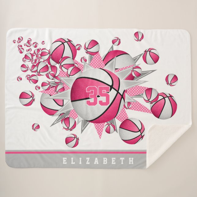 Manta Sherpa sala de deportes rosa y blanco chicas baloncesto (Anverso (horizontal))