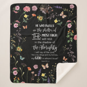 Manta Sherpa Salmo 91 Biblia versus Flores salvajes Sherpa Blan