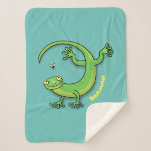 Manta Sherpa Saludos felices de gecko verde lindo con personali