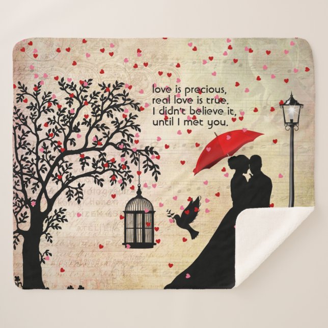 Manta Sherpa San Valentín de poesía negra y beige de época (Anverso (horizontal))