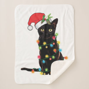 Manta Sherpa Santa Gato Negro Enfrentado En Navidades Encendido