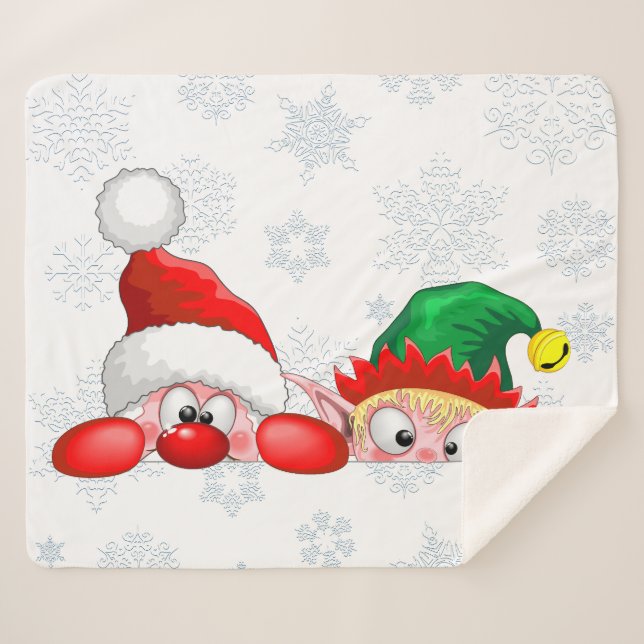 Manta Sherpa Santa y Elf Cute y graciosos personajes Peeking (Anverso (horizontal))