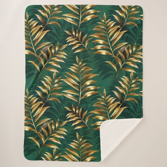 Manta Sherpa Seamless pattern with golden ferns (Anverso)