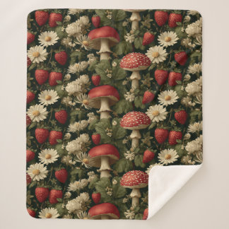 Manta Sherpa Seamless Pattern with Red Fly Agaric and Flowers