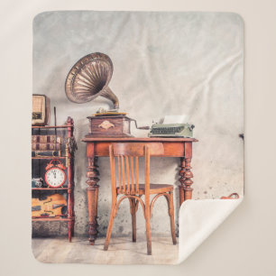 Manta Sherpa Silla antigua, máquina de escribir antigua, radio 