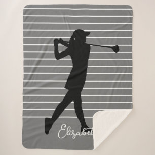 Manta Sherpa Silueta de golfista femenina Monograma Nombre Negr