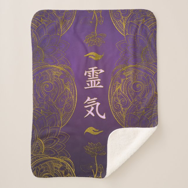 Manta Sherpa Símbolos curativos de oro de Reiki con loto (Anverso)