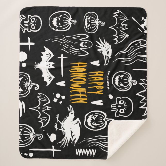 Manta Sherpa Símbolos de Halloween dibujados a mano, colección  (Anverso)