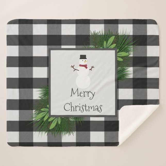Manta Sherpa Snowman Buffalo Plaid Sherpa Blanket | Negra (Anverso (horizontal))
