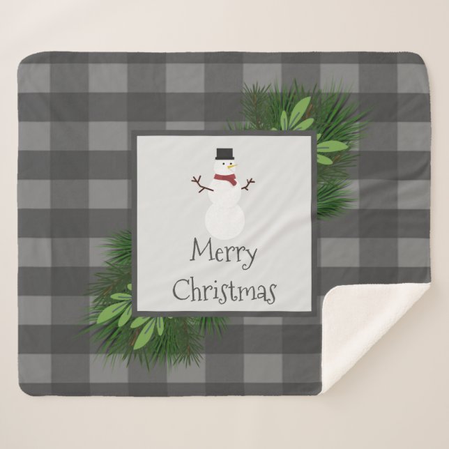Manta Sherpa Snowman Gray Buffalo Plaid Sherpa Blanket (Anverso (horizontal))