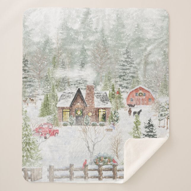 Manta Sherpa Snowy Winter Navidades Cabin Scene (Anverso)