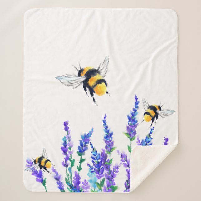 Manta Sherpa Spring Flowers and Bees Flying Sherpa Blanket (Anverso)