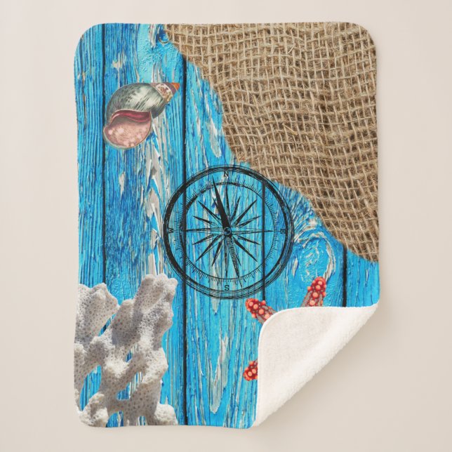 Manta Sherpa Starfish Rústico Nautical Blue Wood (Anverso)