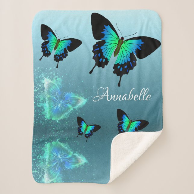 Manta Sherpa Sublime Gorgeous Aqua Turquoise Butterflies (Anverso)