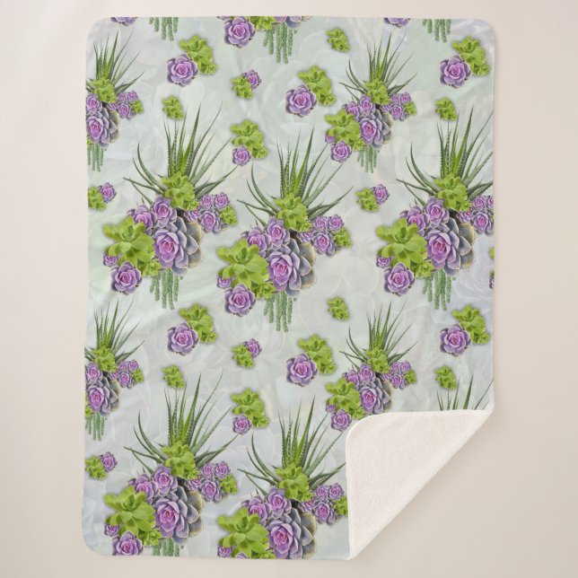 Manta Sherpa Suculentos tonos de verde marino y de lavanda (Anverso)