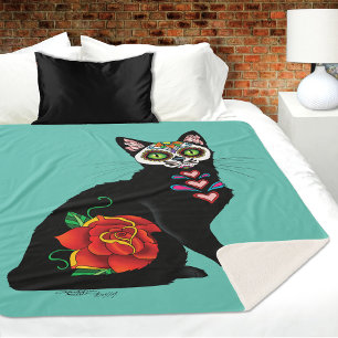 Manta Sherpa Sugar Skull Black Cat