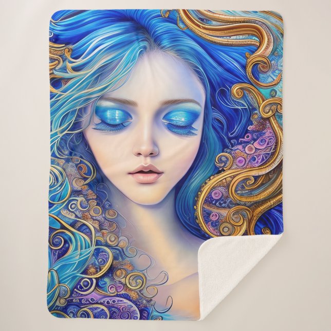 Manta Sherpa Sunny Azur Ocean Surf Waves Blue Gold Chica Art (Anverso)