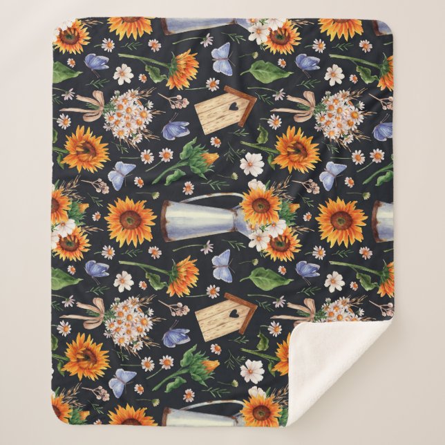 Manta Sherpa Sunny Rustic Watercolor Sunflowers Pattern (Anverso)