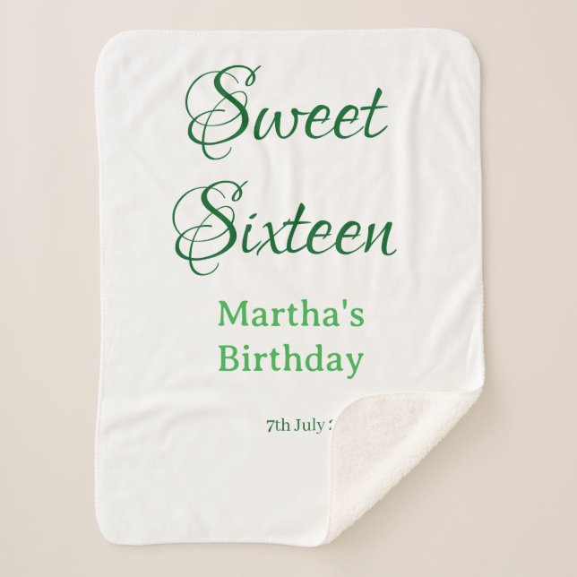 Manta Sherpa Sweet Sixteen green name date calligraphy boho ret (Anverso)