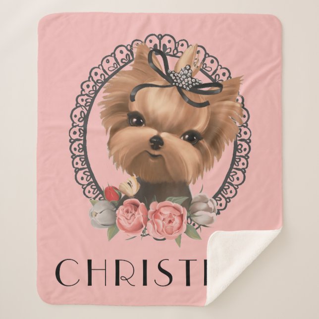 Manta Sherpa Sweet Yorkie Puppy Pink Floral Girly (Anverso)
