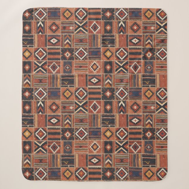 Manta Sherpa Tapiz geométrico de Kilim de patchwork rústico (Anverso)