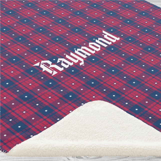 Manta Sherpa Tartán - Patriótico - Estrellas blancas rojas (Tartan - Patriotic - Red Blue White Stars Sherpa Blanket by Leapfroglisics Shop)