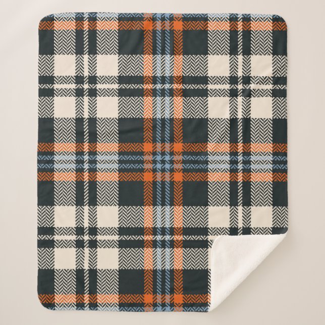 Manta Sherpa Tartán plancha patrón otoño en negro, naranja, azu (Anverso)