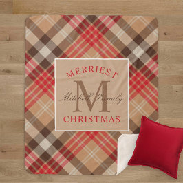 Manta Sherpa Tartan Rojo Canela Monograma Navidad Más Alegre
