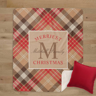 Manta Sherpa Tartan Rojo Canela Monograma Navidad Más Alegre