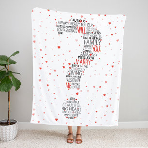 Manta Sherpa ¿Te Casarás Conmigo? Word Cloud con corazones rojo