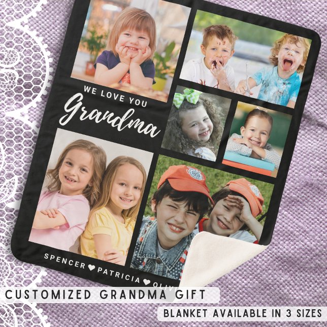 Manta Sherpa Te queremos Abuelas Abuelas 6 Collages de fotos (We Love You Grandma Grandkids 6 Photo Collage Sherpa Blanket-Grandma Gift)