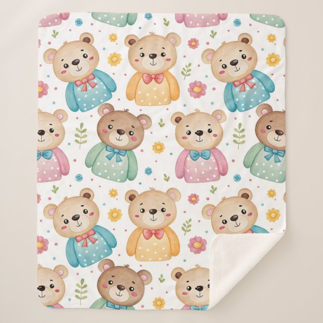 Manta Sherpa Teddy bear and flowers (Anverso)