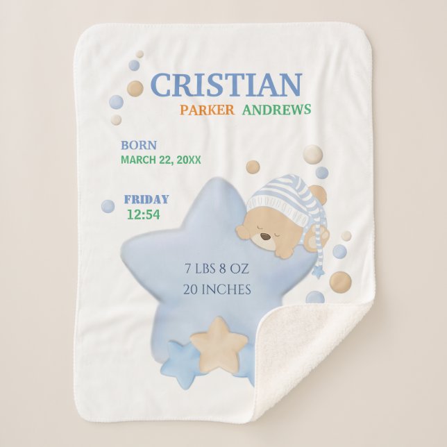 Manta Sherpa Teddy Bear Bear Bebé Nacimiento Estrellas (Anverso)