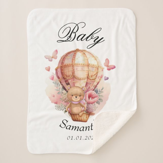 Manta Sherpa Teddy Bear Pink Hot Air Balloon Baby Shower (Anverso)