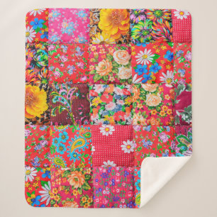 Manta Sherpa Tejido de patchwork hecho a mano con patrón flora