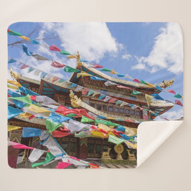 Manta Sherpa Templo tibetano con banderas de oración - Yunnan,  (Anverso (horizontal))