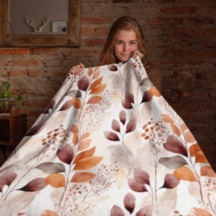 Manta Sherpa Terracota y hojas de otoño de Borgoña   Boho Autum