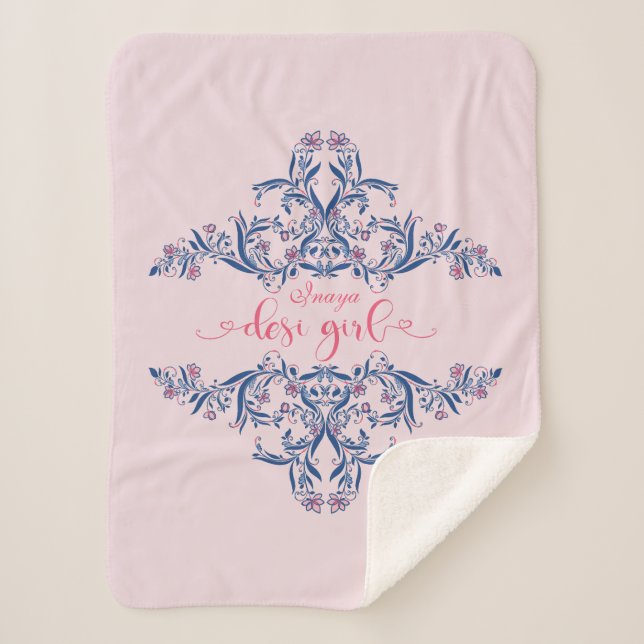 Manta Sherpa Texto Chica Desi con floral patrón persa de henna (Anverso)