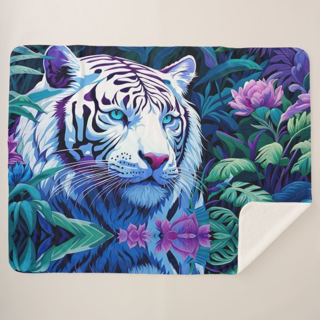 Manta Sherpa Tigre blanco con flores moradas (Anverso (horizontal))