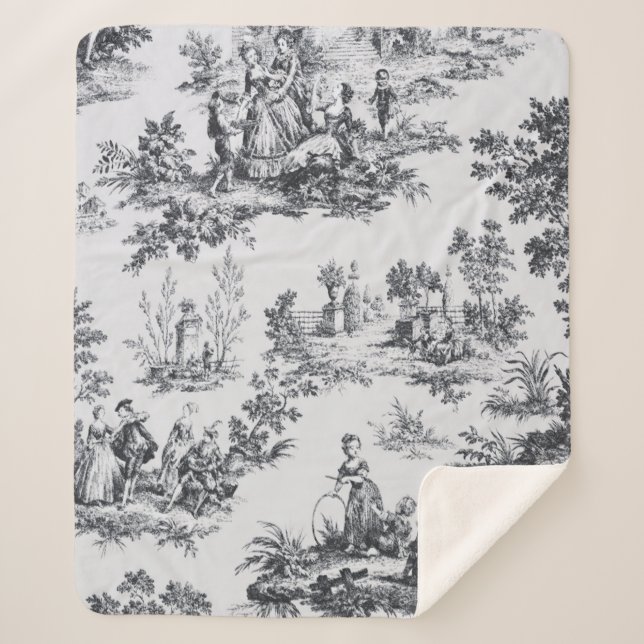 Manta Sherpa Tile de jouy negro y blanco elegante (Anverso)