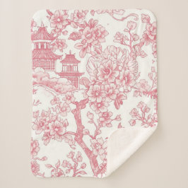 Manta Sherpa Toile de Chinoiserie Rosa Dragón Flor de Cerezo