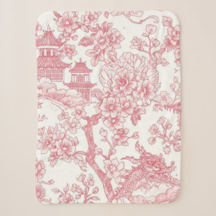 Manta Sherpa Toile de Chinoiserie Rosa Dragón Flor de Cerezo