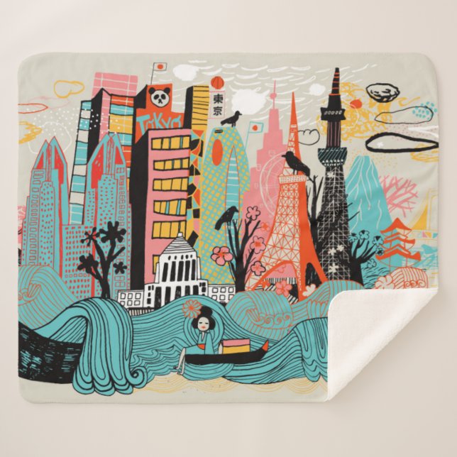 Manta Sherpa Tokio dibujada mano Japón (Anverso (horizontal))