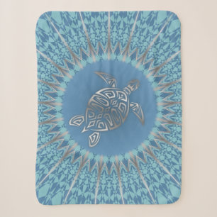 Manta Sherpa Tortuga Marina Azul Plateado Y Mandala