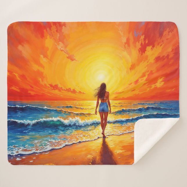 Manta Sherpa Tranquilo paseo en la costa atardecer océano arte  (Anverso (horizontal))