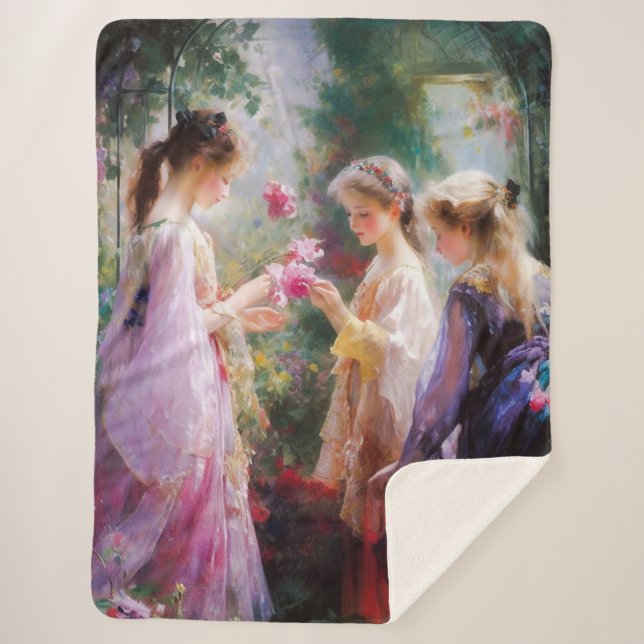 Manta Sherpa Tres chicas jugando en el jardín (Anverso)