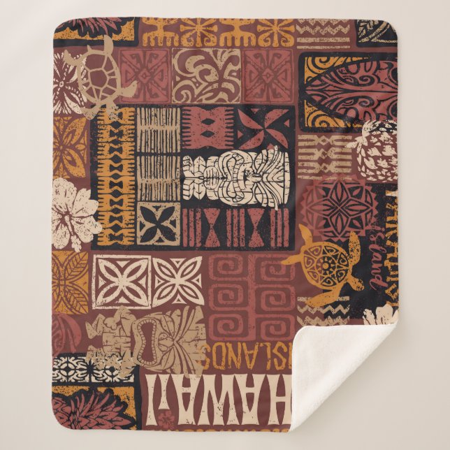 Manta Sherpa Tribal hawaiana: Parchwork de tela vintage (Anverso)